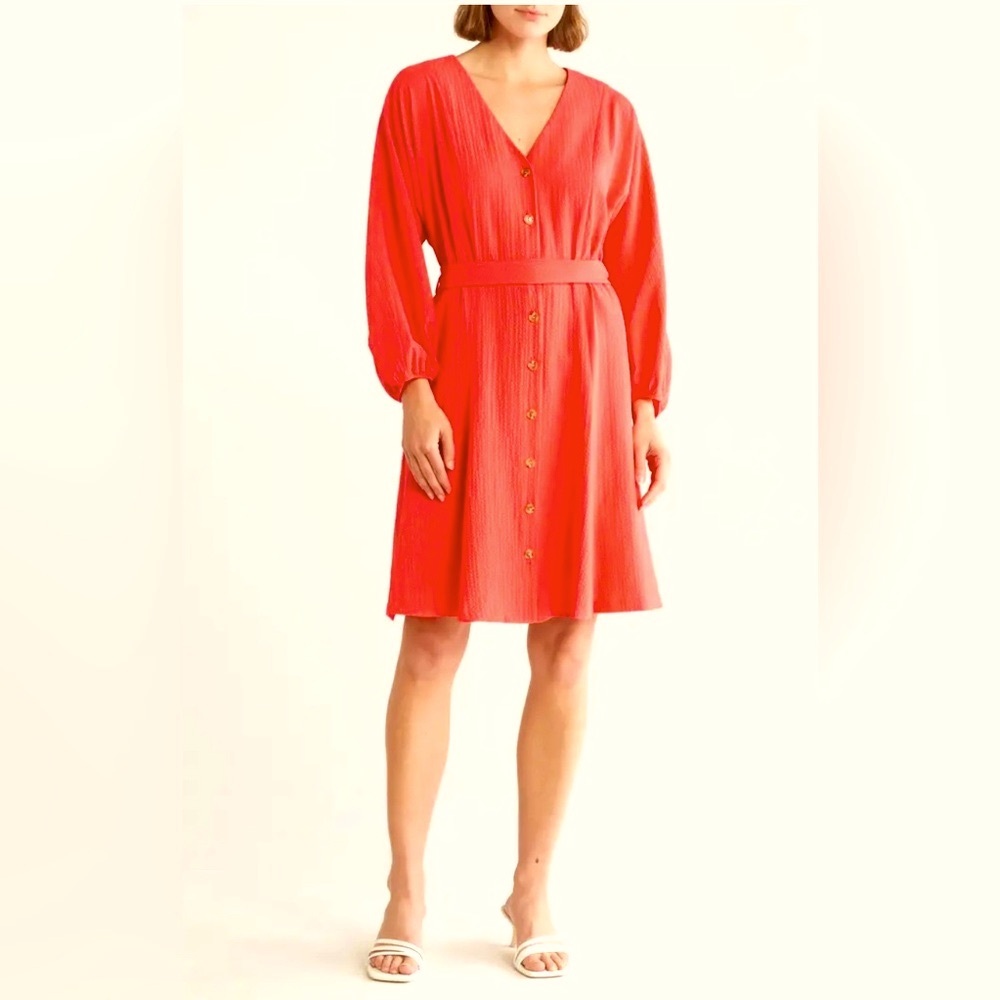 BNWT - Calvin Klein Long Sleeve Belted Guaze Dress, Color Watermelon, Size 14